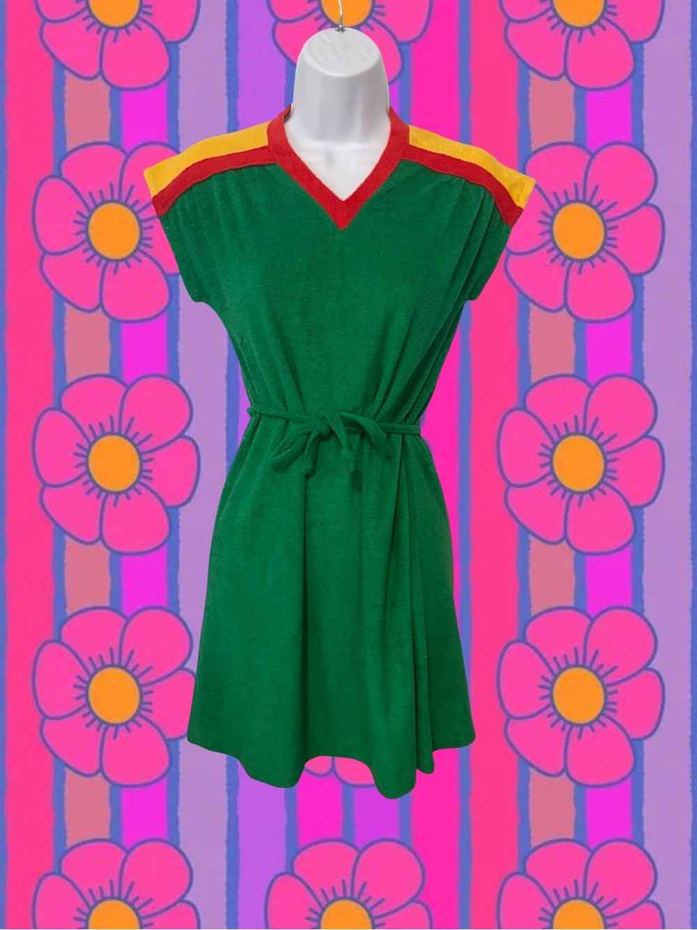 Vintage 70s Green Mini Dress with Red & Yellow Trim